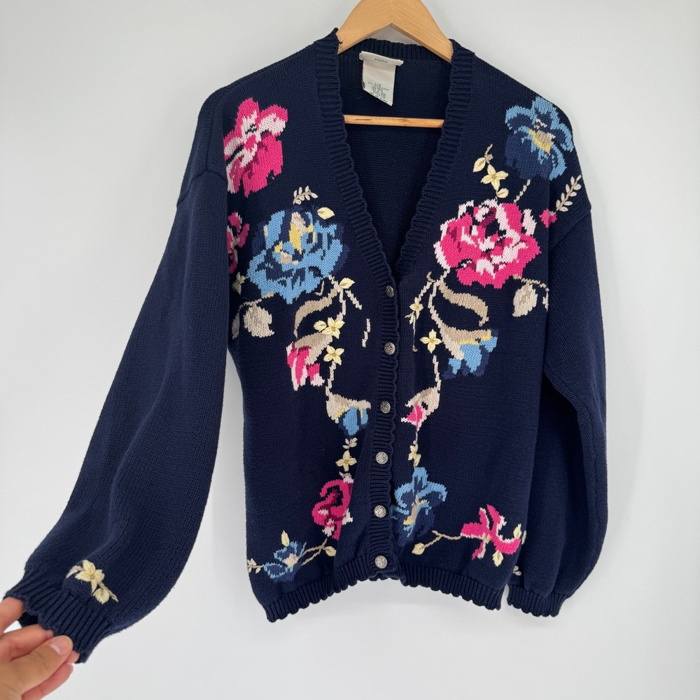 Vintage Northern Reflections Cardigan L Cotton Floral Knit Cottagecore Navy Blue
